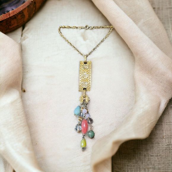 Vintage Signed AAI Pendant Fancy Necklace Gold Tone Stone Glass Dangle Beads - Picture 6 of 8